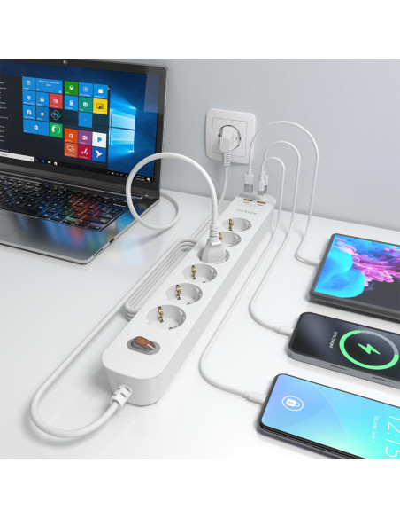 AISENS Regleta de Enchufes Multifuncion con 6 Tomas + Cargador PD3.0 20W 2xUSB-C, 2xUSB-A, 1.4m, Blanco