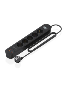 AISENS Regleta de Enchufes Multifuncion con 5 Tomas + Cargador PD3.0 20W 2xUSB-C, 2xUSB-A, 1.4m, Negro