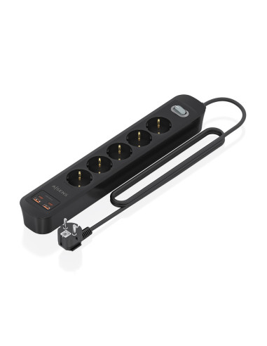 AISENS Regleta de Enchufes Multifuncion con 5 Tomas + Cargador PD3.0 20W 2xUSB-C, 2xUSB-A, 1.4m, Negro