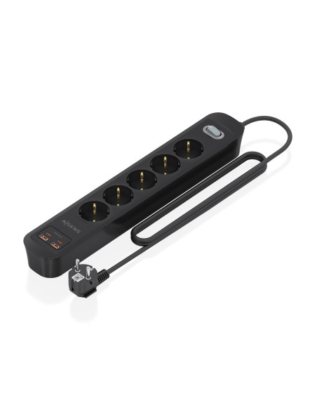 AISENS Regleta de Enchufes Multifuncion con 5 Tomas + Cargador PD3.0 20W 2xUSB-C, 2xUSB-A, 1.4m, Negro