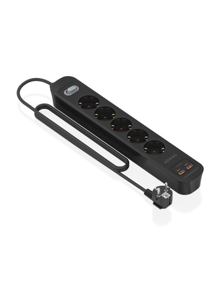 AISENS Regleta de Enchufes Multifuncion con 5 Tomas + Cargador PD3.0 20W 2xUSB-C, 2xUSB-A, 1.4m, Negro