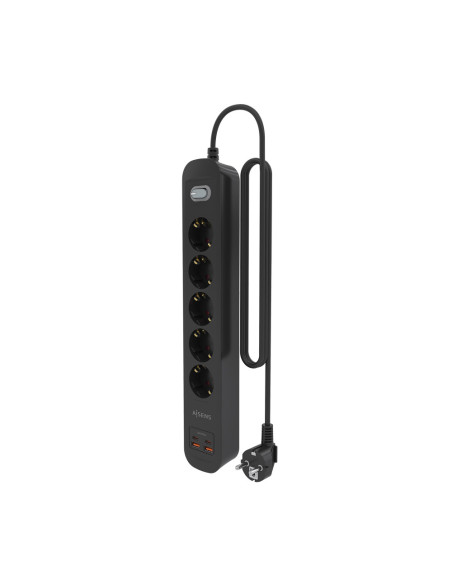 AISENS Regleta de Enchufes Multifuncion con 5 Tomas + Cargador PD3.0 20W 2xUSB-C, 2xUSB-A, 1.4m, Negro