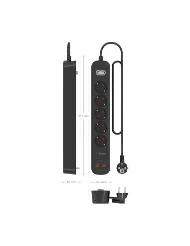 AISENS Regleta de Enchufes Multifuncion con 5 Tomas + Cargador PD3.0 20W 2xUSB-C, 2xUSB-A, 1.4m, Negro