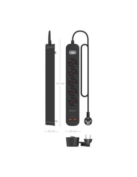 AISENS Regleta de Enchufes Multifuncion con 5 Tomas + Cargador PD3.0 20W 2xUSB-C, 2xUSB-A, 1.4m, Negro