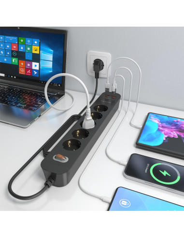 AISENS Regleta de Enchufes Multifuncion con 5 Tomas + Cargador PD3.0 20W 2xUSB-C, 2xUSB-A, 1.4m, Negro