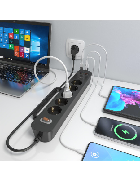 AISENS Regleta de Enchufes Multifuncion con 5 Tomas + Cargador PD3.0 20W 2xUSB-C, 2xUSB-A, 1.4m, Negro
