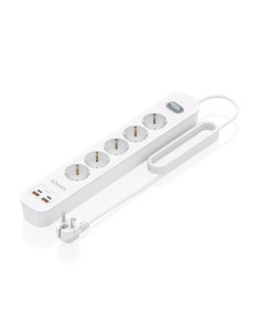 AISENS Regleta de Enchufes Multifuncion con 5 Tomas + Cargador PD3.0 20W 2xUSB-C, 2xUSB-A, 1.4m, Blanco