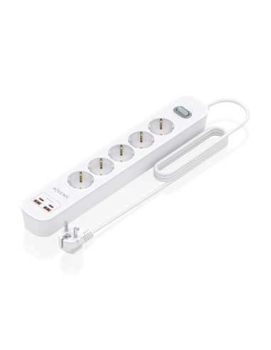 AISENS Regleta de Enchufes Multifuncion con 5 Tomas + Cargador PD3.0 20W 2xUSB-C, 2xUSB-A, 1.4m, Blanco