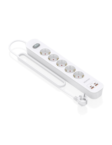 AISENS Regleta de Enchufes Multifuncion con 5 Tomas + Cargador PD3.0 20W 2xUSB-C, 2xUSB-A, 1.4m, Blanco