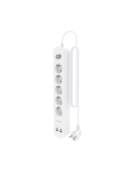 AISENS Regleta de Enchufes Multifuncion con 5 Tomas + Cargador PD3.0 20W 2xUSB-C, 2xUSB-A, 1.4m, Blanco