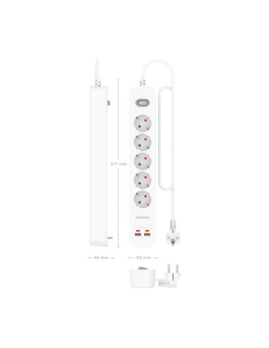 AISENS Regleta de Enchufes Multifuncion con 5 Tomas + Cargador PD3.0 20W 2xUSB-C, 2xUSB-A, 1.4m, Blanco