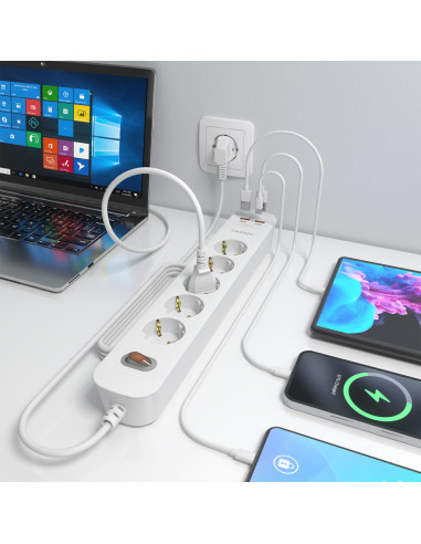 AISENS Regleta de Enchufes Multifuncion con 5 Tomas + Cargador PD3.0 20W 2xUSB-C, 2xUSB-A, 1.4m, Blanco