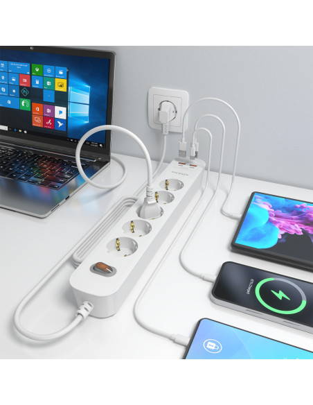 AISENS Regleta de Enchufes Multifuncion con 5 Tomas + Cargador PD3.0 20W 2xUSB-C, 2xUSB-A, 1.4m, Blanco