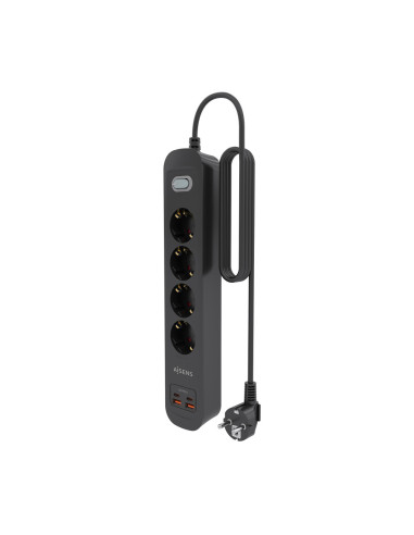 AISENS Regleta de Enchufes Multifuncion con 4 Tomas + Cargador PD3.0 20W 2xUSB-C, 2xUSB-A, 1.4m, Negro