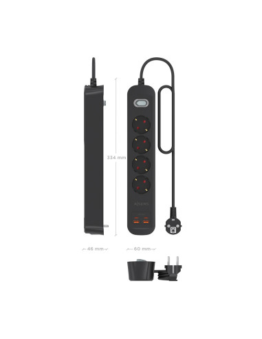 AISENS Regleta de Enchufes Multifuncion con 4 Tomas + Cargador PD3.0 20W 2xUSB-C, 2xUSB-A, 1.4m, Negro