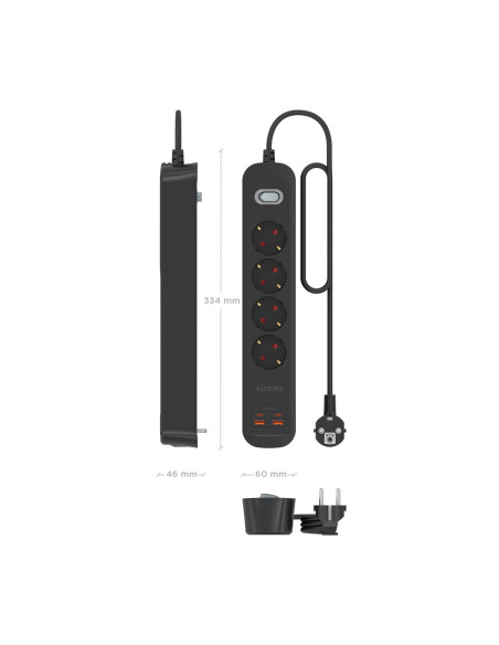 AISENS Regleta de Enchufes Multifuncion con 4 Tomas + Cargador PD3.0 20W 2xUSB-C, 2xUSB-A, 1.4m, Negro