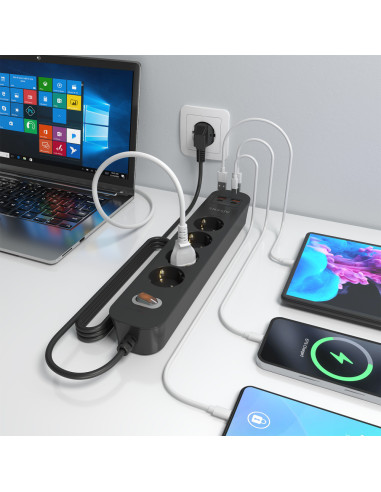 AISENS Regleta de Enchufes Multifuncion con 4 Tomas + Cargador PD3.0 20W 2xUSB-C, 2xUSB-A, 1.4m, Negro
