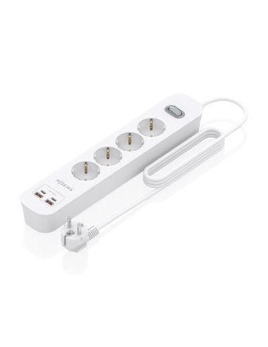 AISENS Regleta de Enchufes Multifuncion con 4 Tomas + Cargador PD3.0 20W 2xUSB-C, 2xUSB-A, 1.4m, Blanco