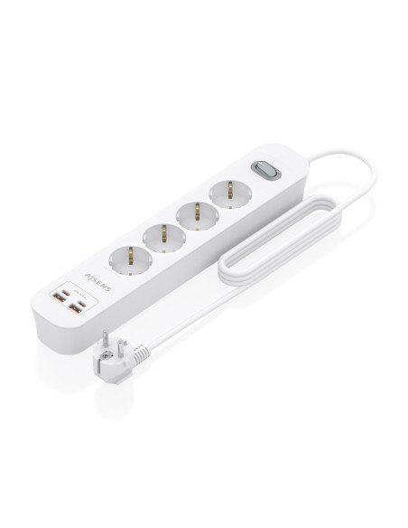AISENS Regleta de Enchufes Multifuncion con 4 Tomas + Cargador PD3.0 20W 2xUSB-C, 2xUSB-A, 1.4m, Blanco