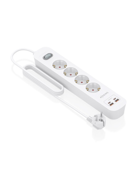 AISENS Regleta de Enchufes Multifuncion con 4 Tomas + Cargador PD3.0 20W 2xUSB-C, 2xUSB-A, 1.4m, Blanco
