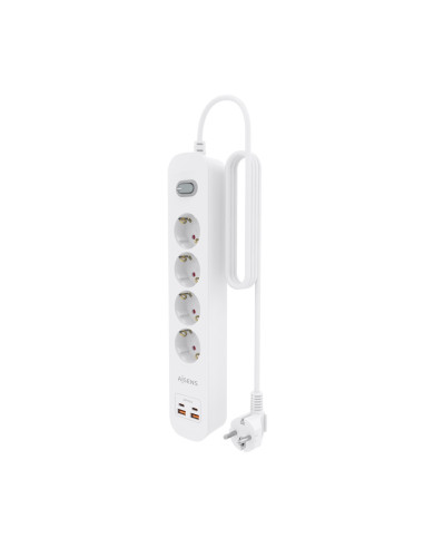 AISENS Regleta de Enchufes Multifuncion con 4 Tomas + Cargador PD3.0 20W 2xUSB-C, 2xUSB-A, 1.4m, Blanco