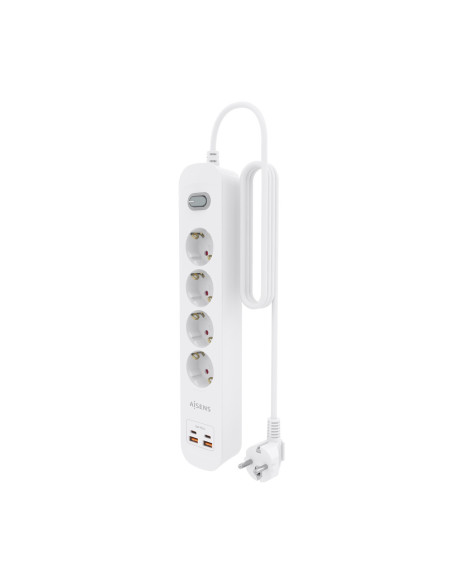 AISENS Regleta de Enchufes Multifuncion con 4 Tomas + Cargador PD3.0 20W 2xUSB-C, 2xUSB-A, 1.4m, Blanco