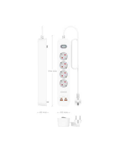 AISENS Regleta de Enchufes Multifuncion con 4 Tomas + Cargador PD3.0 20W 2xUSB-C, 2xUSB-A, 1.4m, Blanco