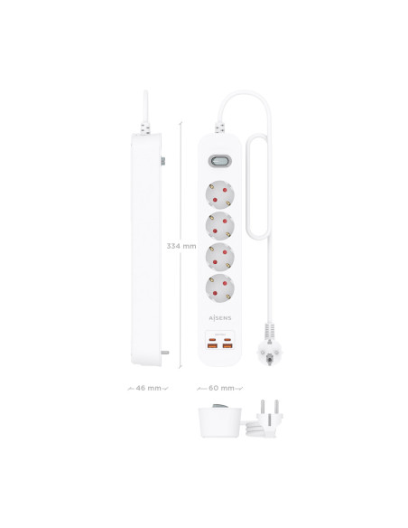 AISENS Regleta de Enchufes Multifuncion con 4 Tomas + Cargador PD3.0 20W 2xUSB-C, 2xUSB-A, 1.4m, Blanco
