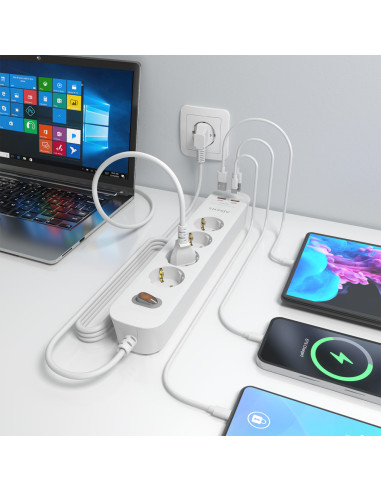 AISENS Regleta de Enchufes Multifuncion con 4 Tomas + Cargador PD3.0 20W 2xUSB-C, 2xUSB-A, 1.4m, Blanco