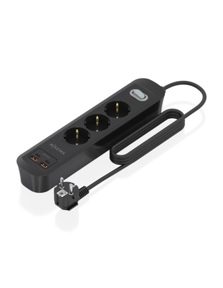 AISENS Regleta de Enchufes Multifuncion con 3 Tomas + Cargador PD3.0 20W 2xUSB-C, 2xUSB-A, 1.4m, Negro