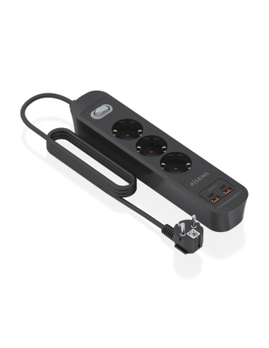 AISENS Regleta de Enchufes Multifuncion con 3 Tomas + Cargador PD3.0 20W 2xUSB-C, 2xUSB-A, 1.4m, Negro