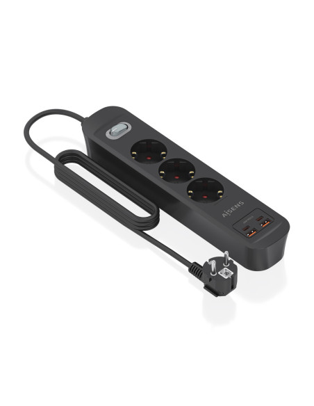 AISENS Regleta de Enchufes Multifuncion con 3 Tomas + Cargador PD3.0 20W 2xUSB-C, 2xUSB-A, 1.4m, Negro