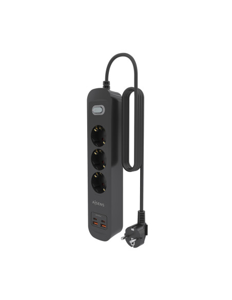 AISENS Regleta de Enchufes Multifuncion con 3 Tomas + Cargador PD3.0 20W 2xUSB-C, 2xUSB-A, 1.4m, Negro