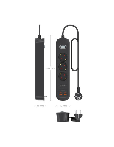 AISENS Regleta de Enchufes Multifuncion con 3 Tomas + Cargador PD3.0 20W 2xUSB-C, 2xUSB-A, 1.4m, Negro