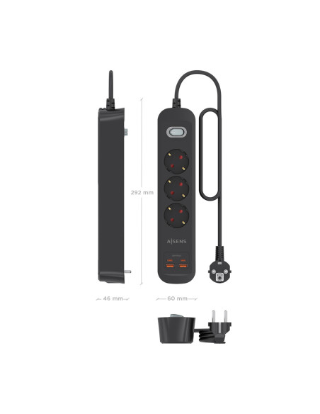 AISENS Regleta de Enchufes Multifuncion con 3 Tomas + Cargador PD3.0 20W 2xUSB-C, 2xUSB-A, 1.4m, Negro