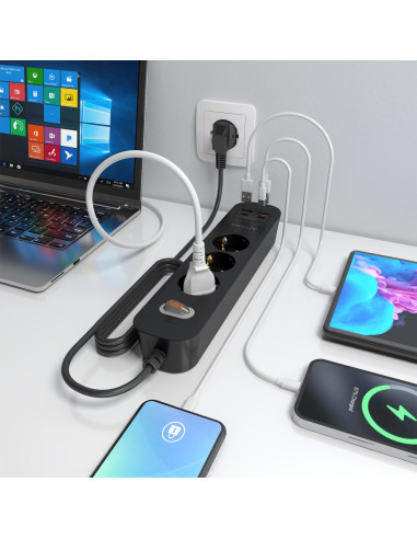AISENS Regleta de Enchufes Multifuncion con 3 Tomas + Cargador PD3.0 20W 2xUSB-C, 2xUSB-A, 1.4m, Negro