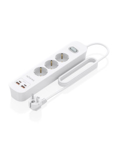 AISENS Regleta de Enchufes Multifuncion con 3 Tomas + Cargador PD3.0 20W 2xUSB-C, 2xUSB-A, 1.4m, Blanco