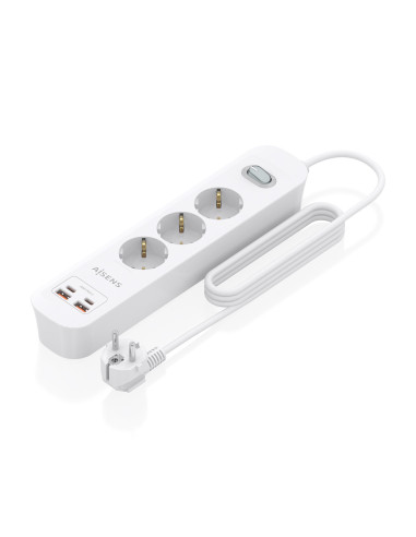 AISENS Regleta de Enchufes Multifuncion con 3 Tomas + Cargador PD3.0 20W 2xUSB-C, 2xUSB-A, 1.4m, Blanco