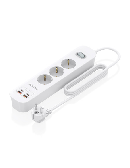 AISENS Regleta de Enchufes Multifuncion con 3 Tomas + Cargador PD3.0 20W 2xUSB-C, 2xUSB-A, 1.4m, Blanco