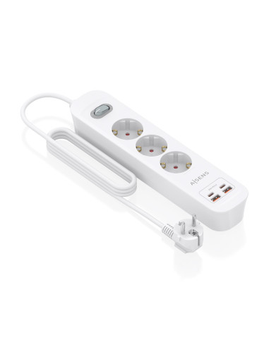 AISENS Regleta de Enchufes Multifuncion con 3 Tomas + Cargador PD3.0 20W 2xUSB-C, 2xUSB-A, 1.4m, Blanco