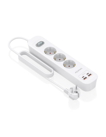 AISENS Regleta de Enchufes Multifuncion con 3 Tomas + Cargador PD3.0 20W 2xUSB-C, 2xUSB-A, 1.4m, Blanco