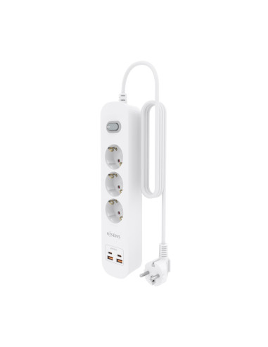 AISENS Regleta de Enchufes Multifuncion con 3 Tomas + Cargador PD3.0 20W 2xUSB-C, 2xUSB-A, 1.4m, Blanco