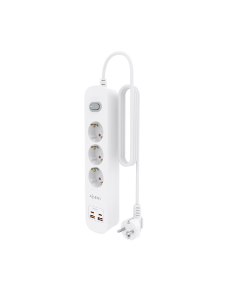 AISENS Regleta de Enchufes Multifuncion con 3 Tomas + Cargador PD3.0 20W 2xUSB-C, 2xUSB-A, 1.4m, Blanco