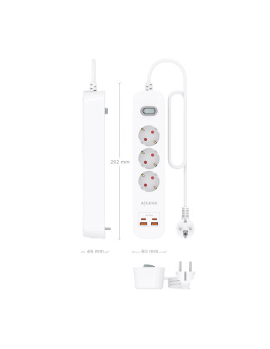 AISENS Regleta de Enchufes Multifuncion con 3 Tomas + Cargador PD3.0 20W 2xUSB-C, 2xUSB-A, 1.4m, Blanco
