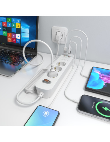 AISENS Regleta de Enchufes Multifuncion con 3 Tomas + Cargador PD3.0 20W 2xUSB-C, 2xUSB-A, 1.4m, Blanco
