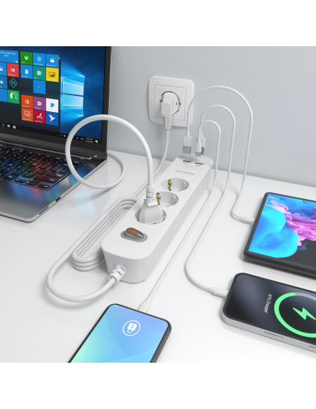 AISENS Regleta de Enchufes Multifuncion con 3 Tomas + Cargador PD3.0 20W 2xUSB-C, 2xUSB-A, 1.4m, Blanco