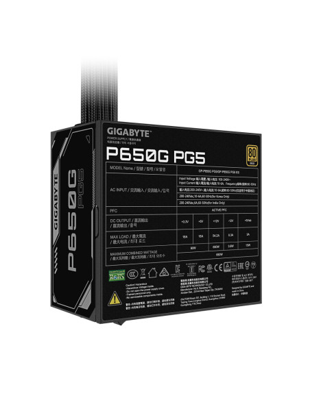 GIGABYTE P650G PCIE 5.1 Fuente de alimentación – PCIe 5.1, 80 PLUS Silver, ventilador de 120mm, compatible con ATX 3.1, enchufe 