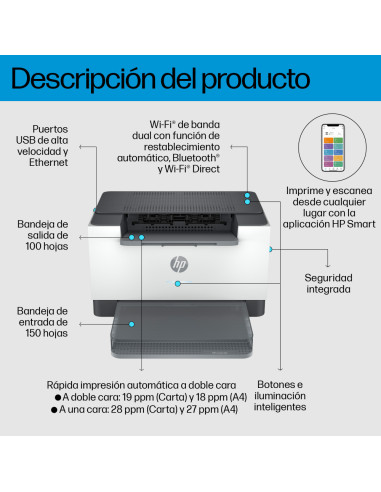 HP LaserJet M207dw Inalámbrico Blanco y negro Impresora, A doble cara