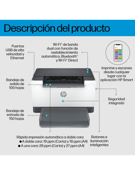 HP LaserJet M207dw Inalámbrico Blanco y negro Impresora, A doble cara