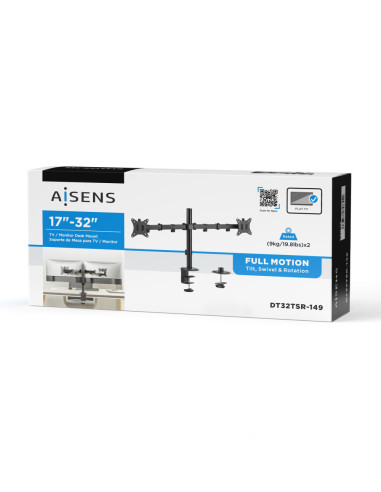 AISENS Soporte de Mesa ECO Giratorio e Inclinable para Monitor/TV 9Kg (3 Pivotes, 2 Brazos) de 17-32, Negro